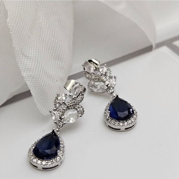 Blue Sapphire & White Baguette Diamond Drop Stud Earrings 925  Silver - Women's - Picture 6 of 9